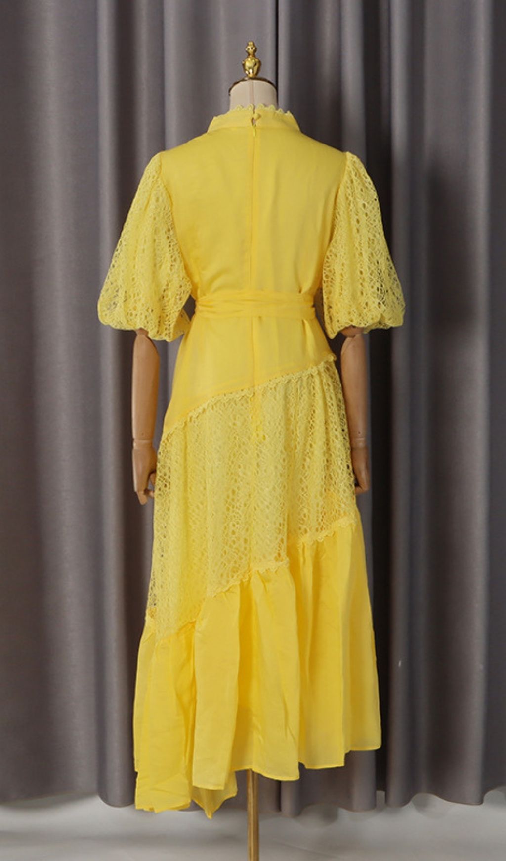 Klara Yellow Puff Sleeve Lace Midi Dress Flowering Girl