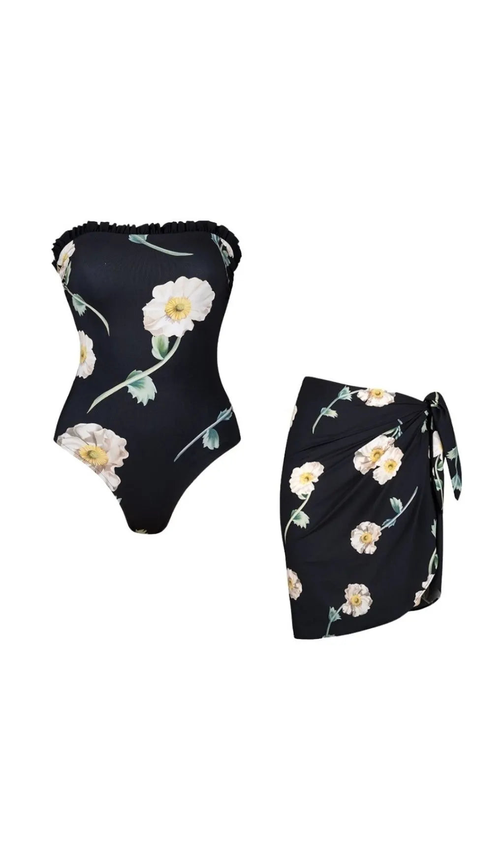 Kristjana Black Flower One-Piece Swimsuit & Sarong Flowering Girl