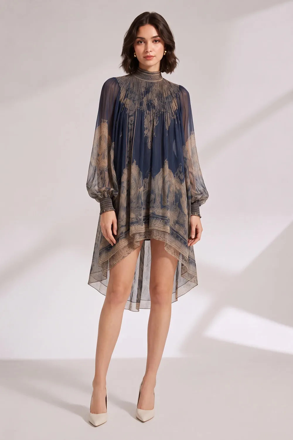 Navy Blue Sheer Chiffon Loose A-Line High-Low Drape Mini Dress Flowering Girl