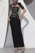Sibyl Black Shawl-Embellished Diamond Bandage Maxi Dress Flowering Girl