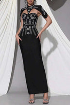 Sibyl Black Shawl-Embellished Diamond Bandage Maxi Dress Flowering Girl