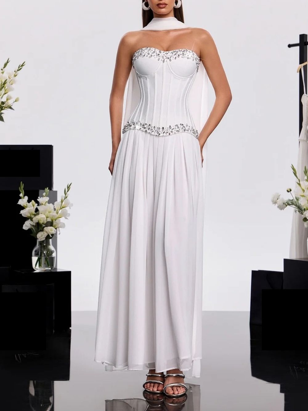 Zeldran Scarf Strapless Crystal Maxi Dress Flowering Girl