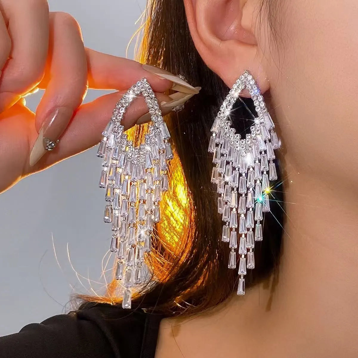 Teardrop Frame Aqua Baguette Crystal Tassel Drop Earrings Flowering Girl