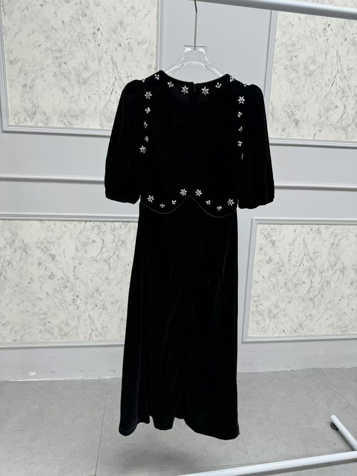 Crystal Embellished Puff Midi Dress In Black Flowering Girl