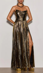 Quvory Strapless Split Metallic Maxi Dress In Gold Flowering Girl