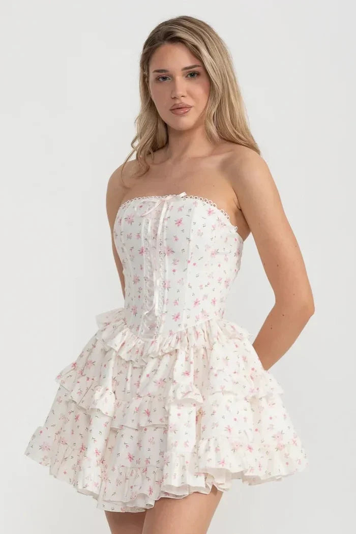 Martha Ruffle Printed Strapless Mini Dress In Pink Flowering Girl