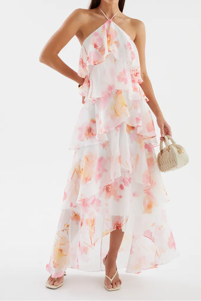 Floral Print Layerhalter Maxi Dress - Pink Floral Flowering Girl