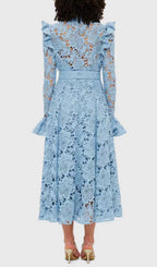 Elea Blue Embroidery Long Sleeve Midi Dress Flowering Girl