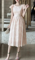 Pearl Neck Puff Sleeve Flared Lace Midi Dress - Pink Flowering Girl
