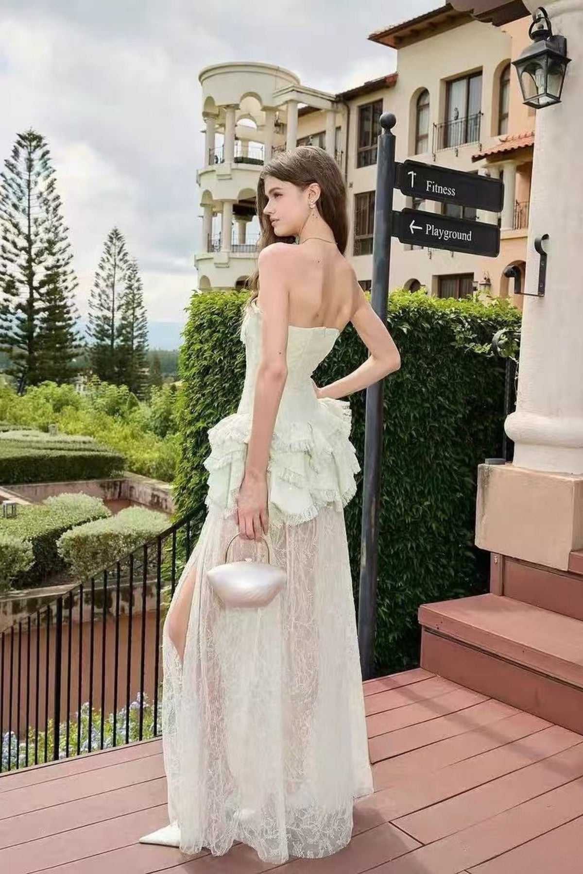 Tiffany Fitted Lace-Paneled Strapless Maxi Dress In Green Flowering Girl