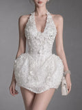 Eltarek Halterneck Sequin Mini Dress In White Flowering Girl