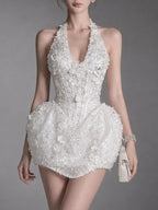 Eltarek Halterneck Sequin Mini Dress In White Flowering Girl