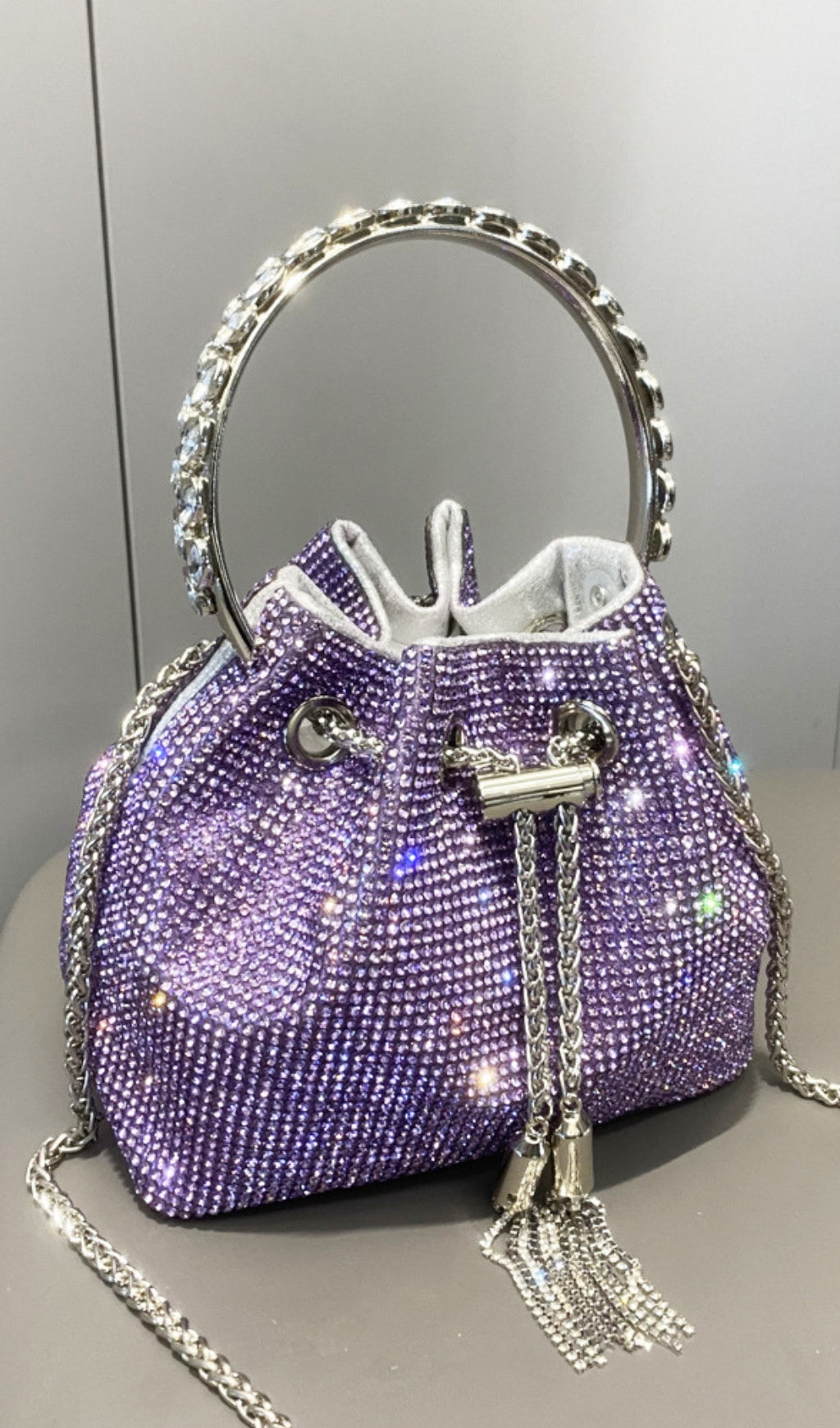 Crystal Embellished Bucket Bag In Purple Flowering Girl