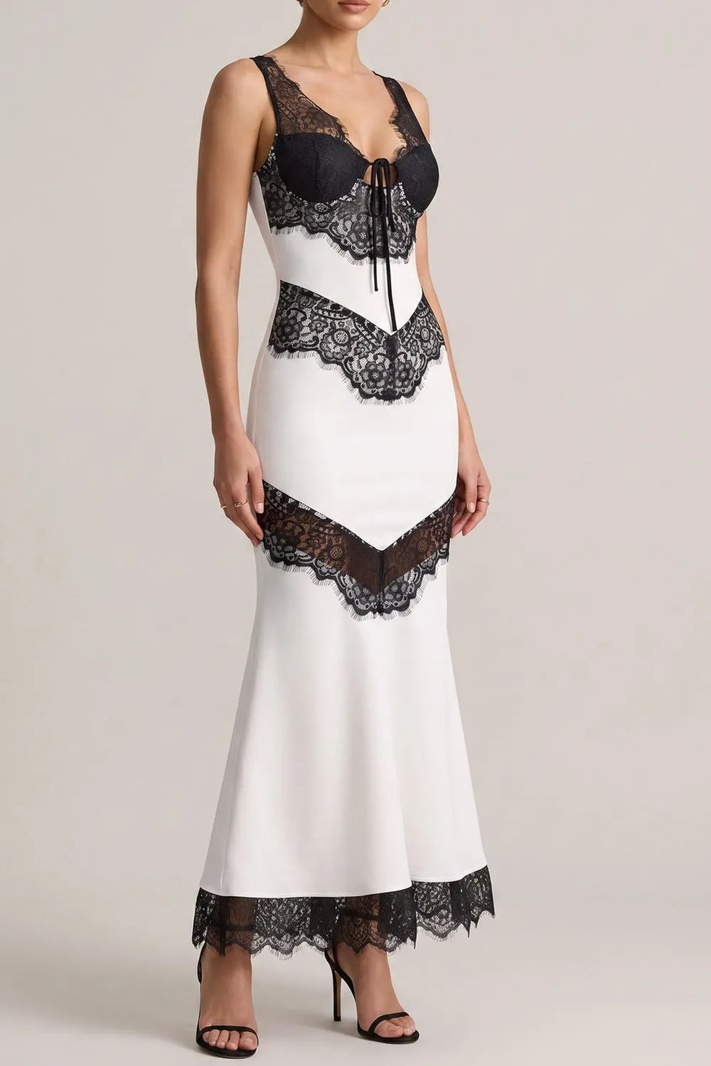 Sleeveless Black Lace Patchwork Mermaid Maxi Dress Flowering Girl