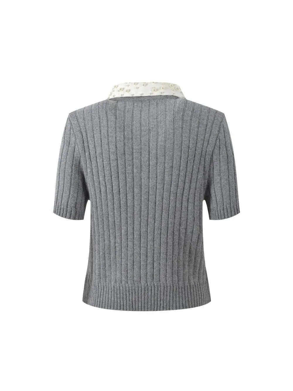 Beaded Collar Ribbed Sweater Flowering Girl
