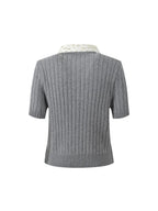 Beaded Collar Ribbed Sweater Flowering Girl