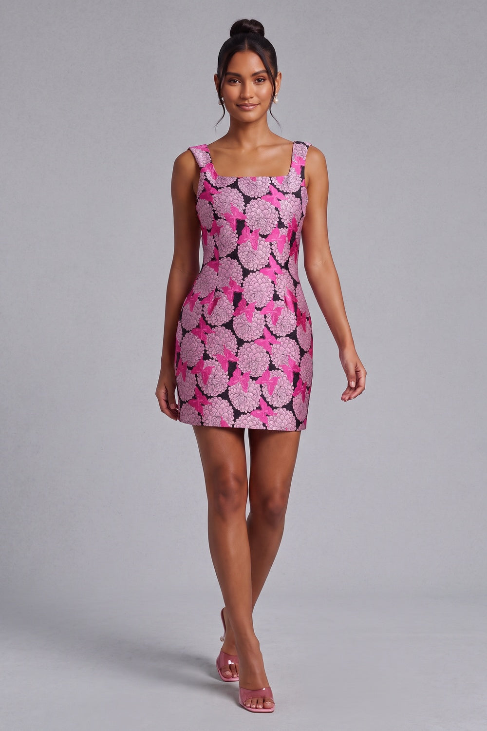 Square Neck Floral Butterfly Print Sleeveless Mini Dress Flowering Girl
