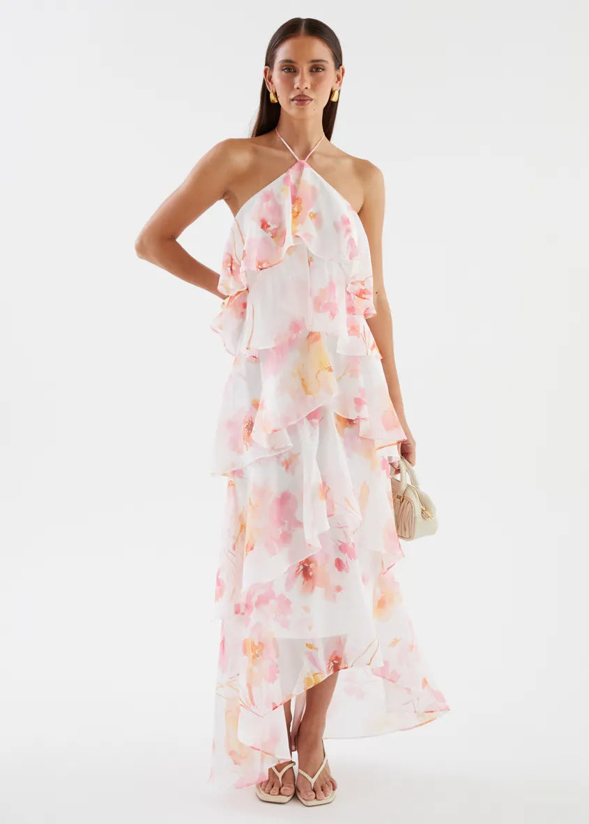 Floral Print Layerhalter Maxi Dress - Pink Floral Flowering Girl