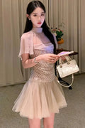 Sheer Mesh Rhinestone High Neck Tulle Mini Dress Flowering Girl