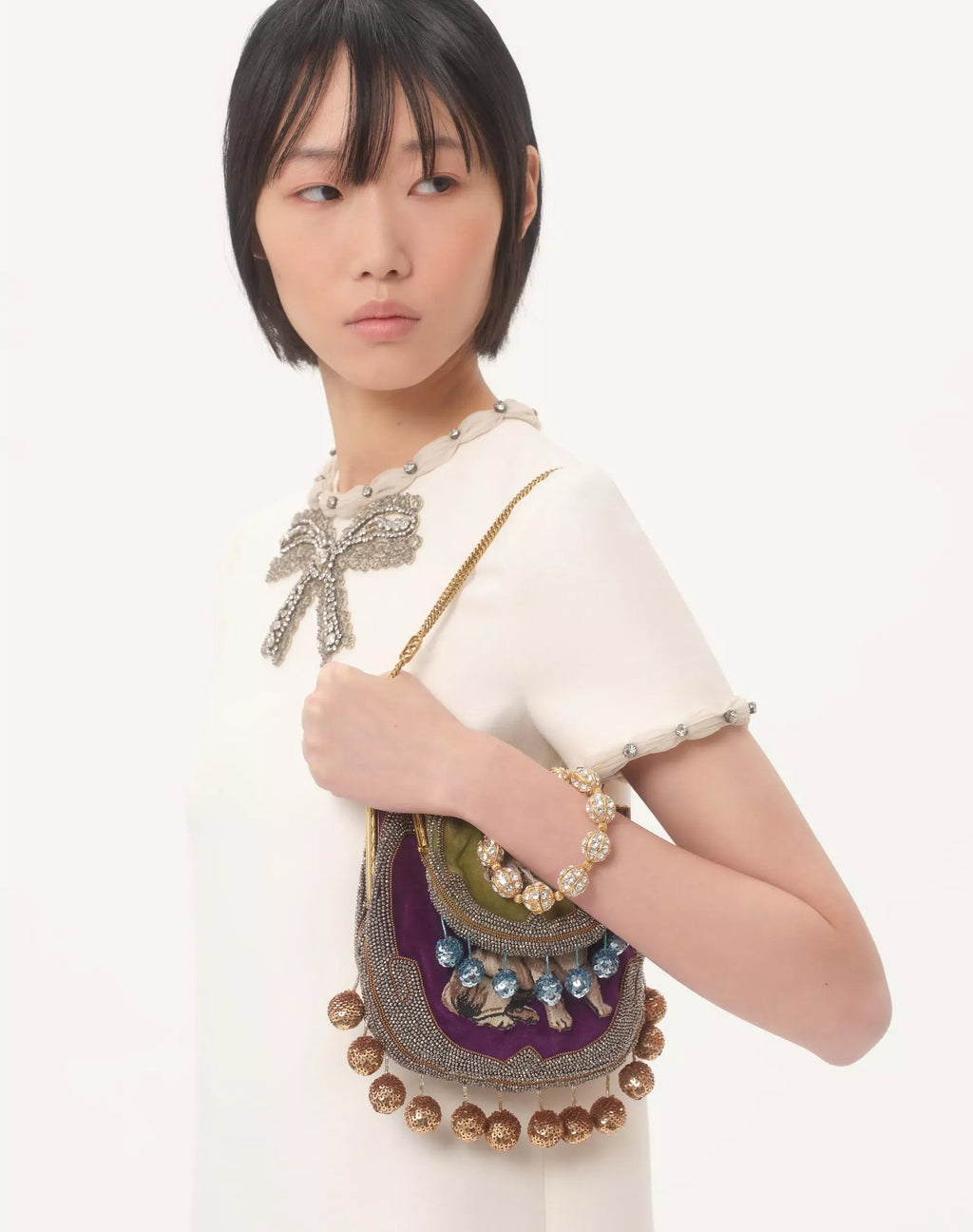 Jocelyn Rhinestone Embroidered Crepe Mini Dress In Ivory Flowering Girl