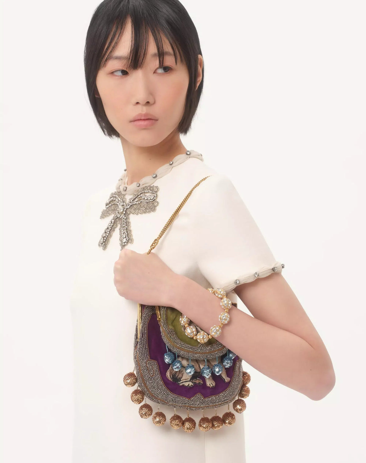 Jocelyn Rhinestone Embroidered Crepe Mini Dress In Ivory Flowering Girl