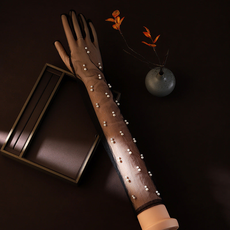 Black Mesh Pearl Gloves Flowering Girl