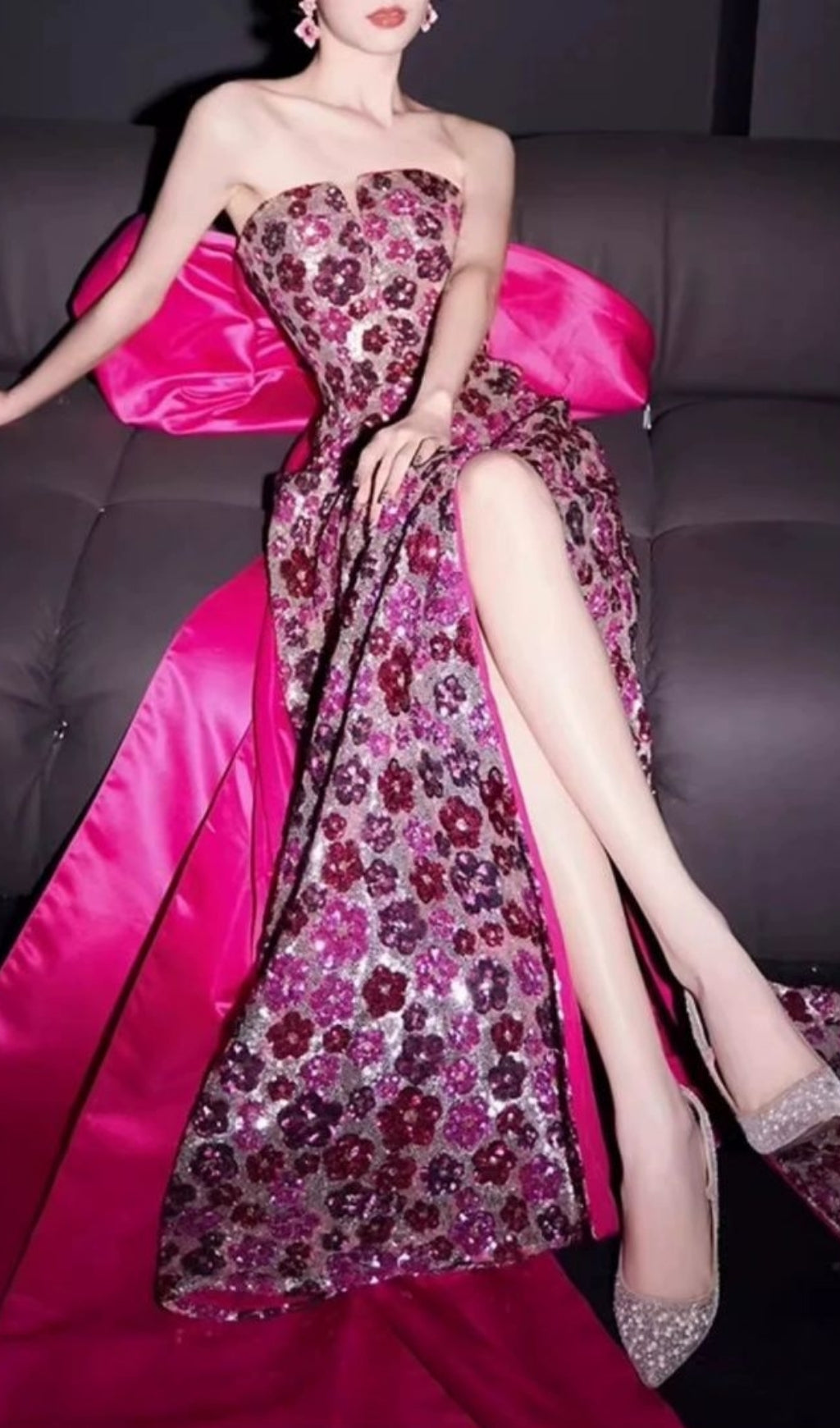 Famke Strapless Bow Flower Sequin Maxi Dress Flowering Girl