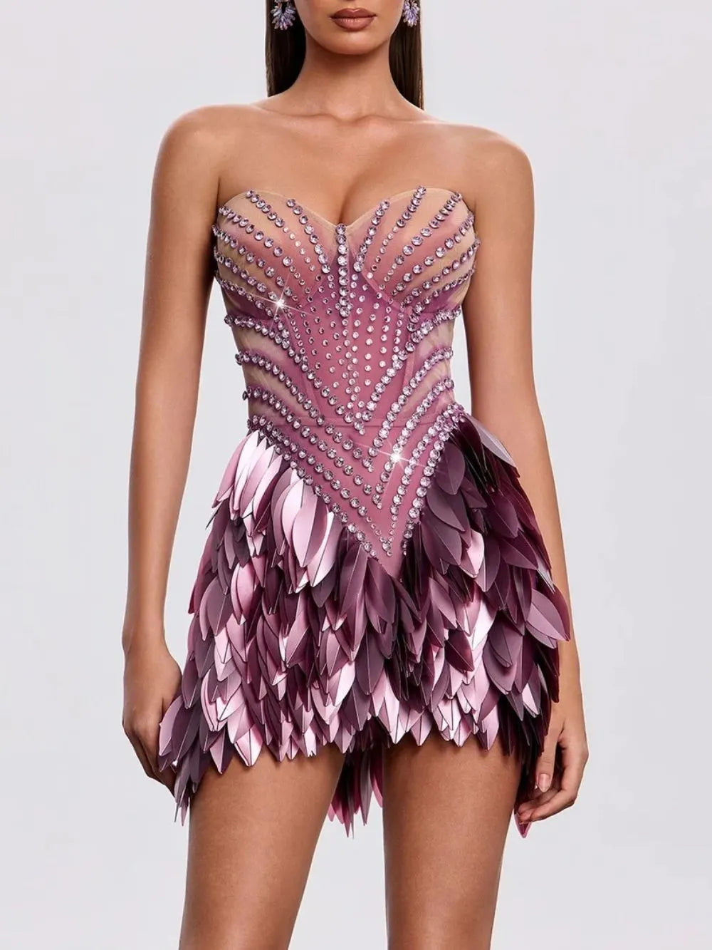 Xandrik Strapless Leaf Rhinestone Mini Dress Flowering Girl