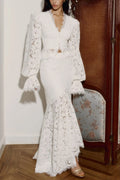 Emily Lace Trimmed Puff Sleeved Top & Fishtail Skirt Set In White Flowering Girl
