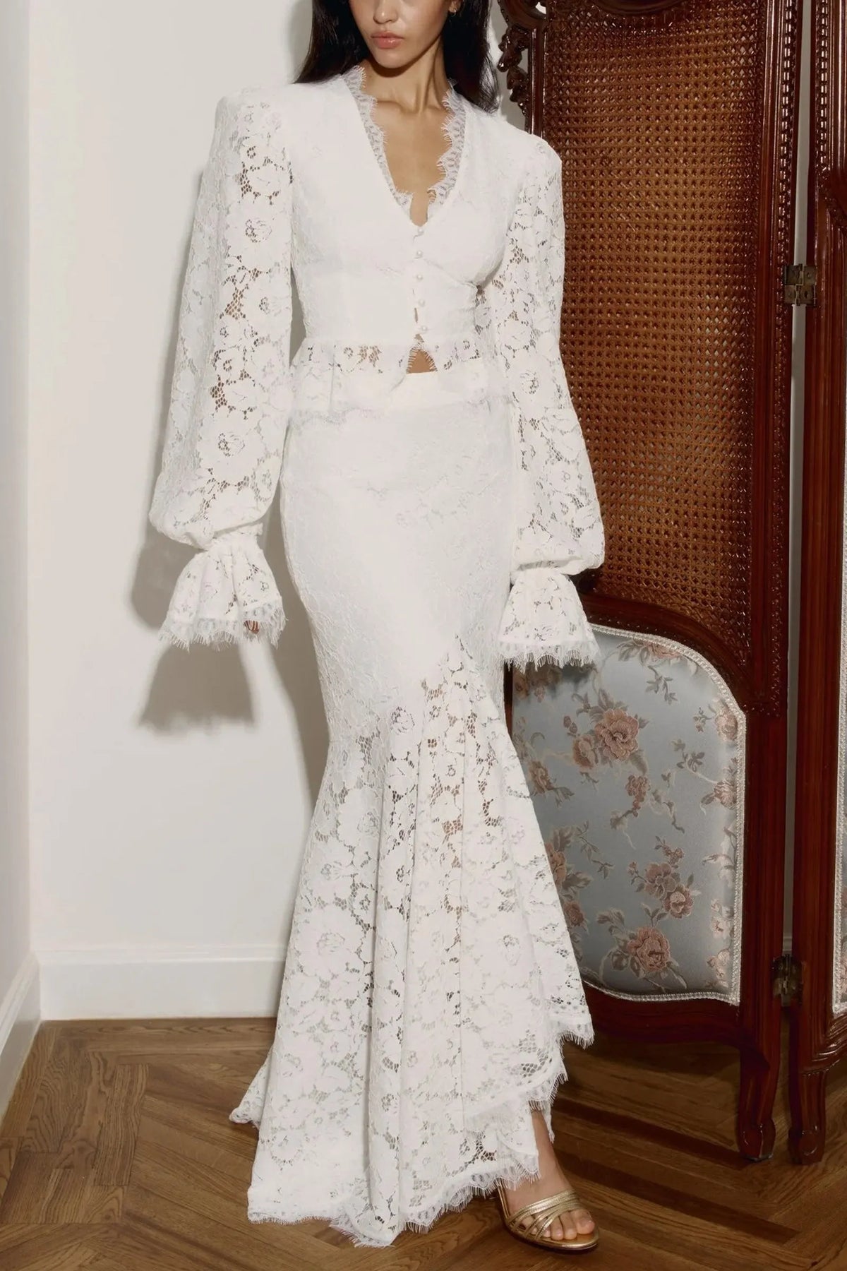 Emily Lace Trimmed Puff Sleeved Top & Fishtail Skirt Set In White Flowering Girl