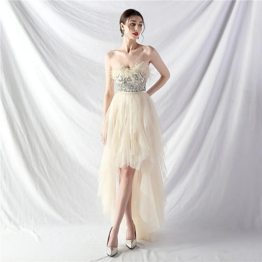 Strapless Feather Tulle Midi Dress Flowering Girl
