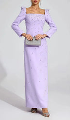 Lynn Square Neck Beaded Rhinestone Maxi Dress - Purple Flowering Girl