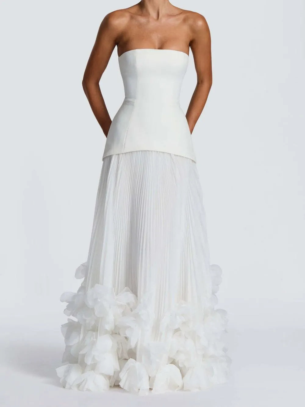 Ovarq Strapless Pleated Flower Maxi Dress In White Flowering Girl