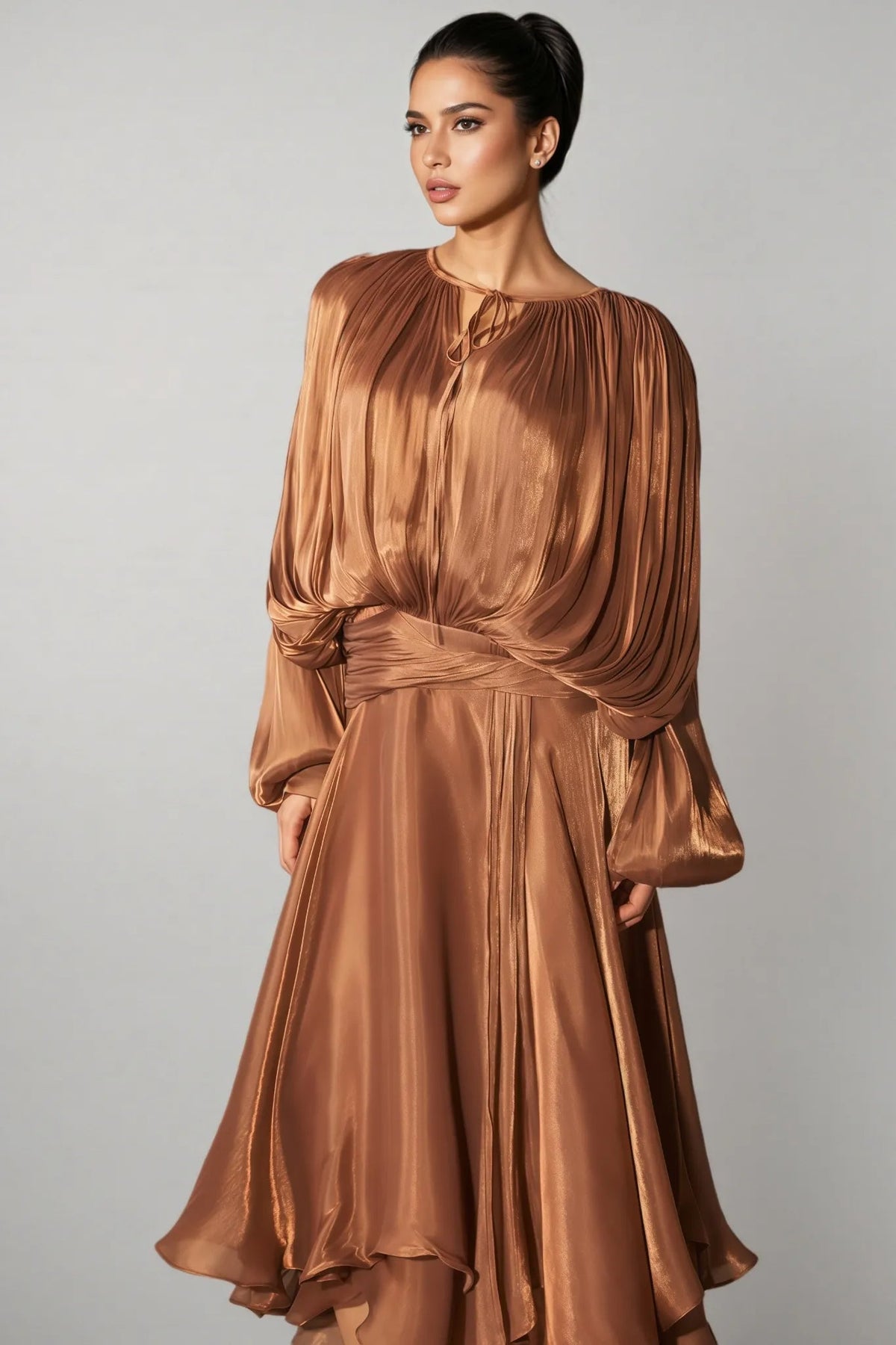 Brown Pleated Bodice Draped Puff Sleeve Maxi Dress Flowering Girl