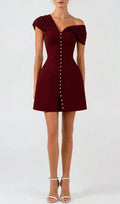 Luzasa Off Shoulder Buttoned Mini Dress - Wine Flowering Girl