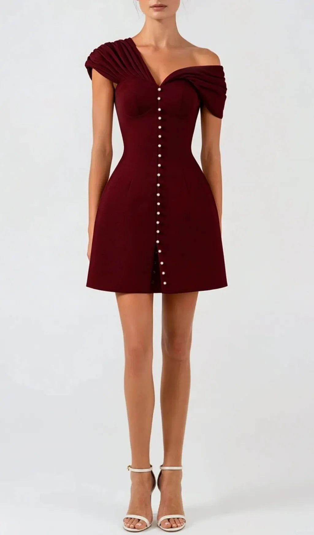 Luzasa Off Shoulder Buttoned Mini Dress - Wine Flowering Girl