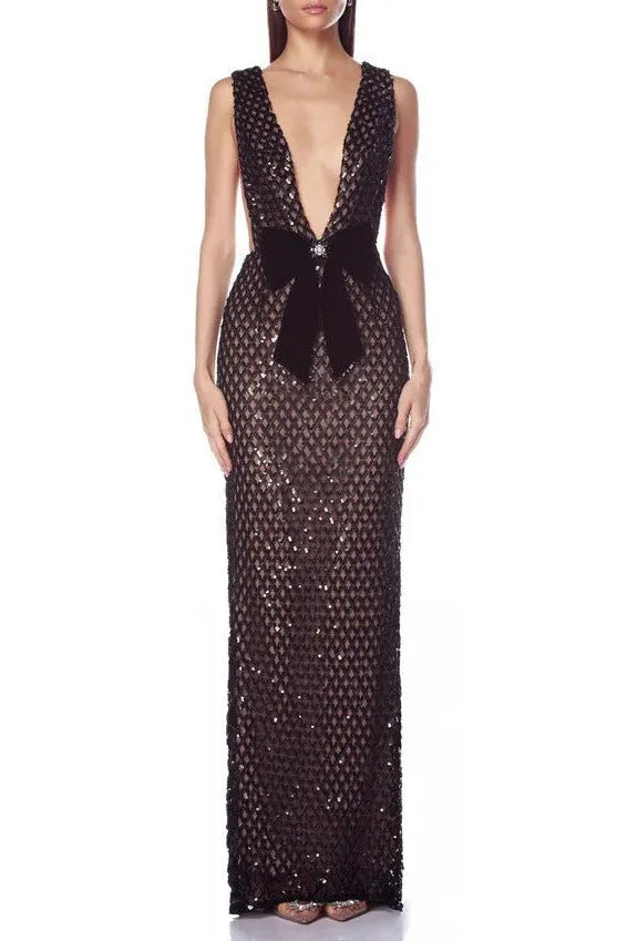 Rebecca Bow Sequin Embellished v Neck Maxi Dress In Black Flowering Girl