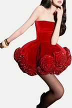 Sebast Flower Strapless Velvet Mini Dress in Red Flowering Girl