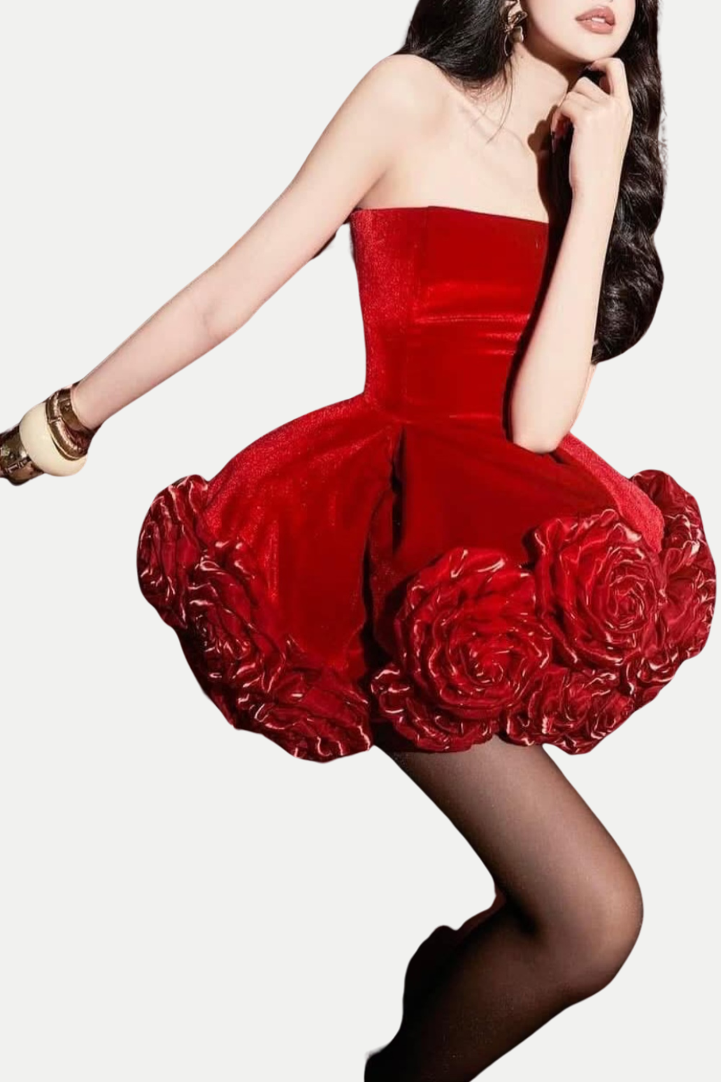 Sebast Flower Strapless Velvet Mini Dress in Red Flowering Girl