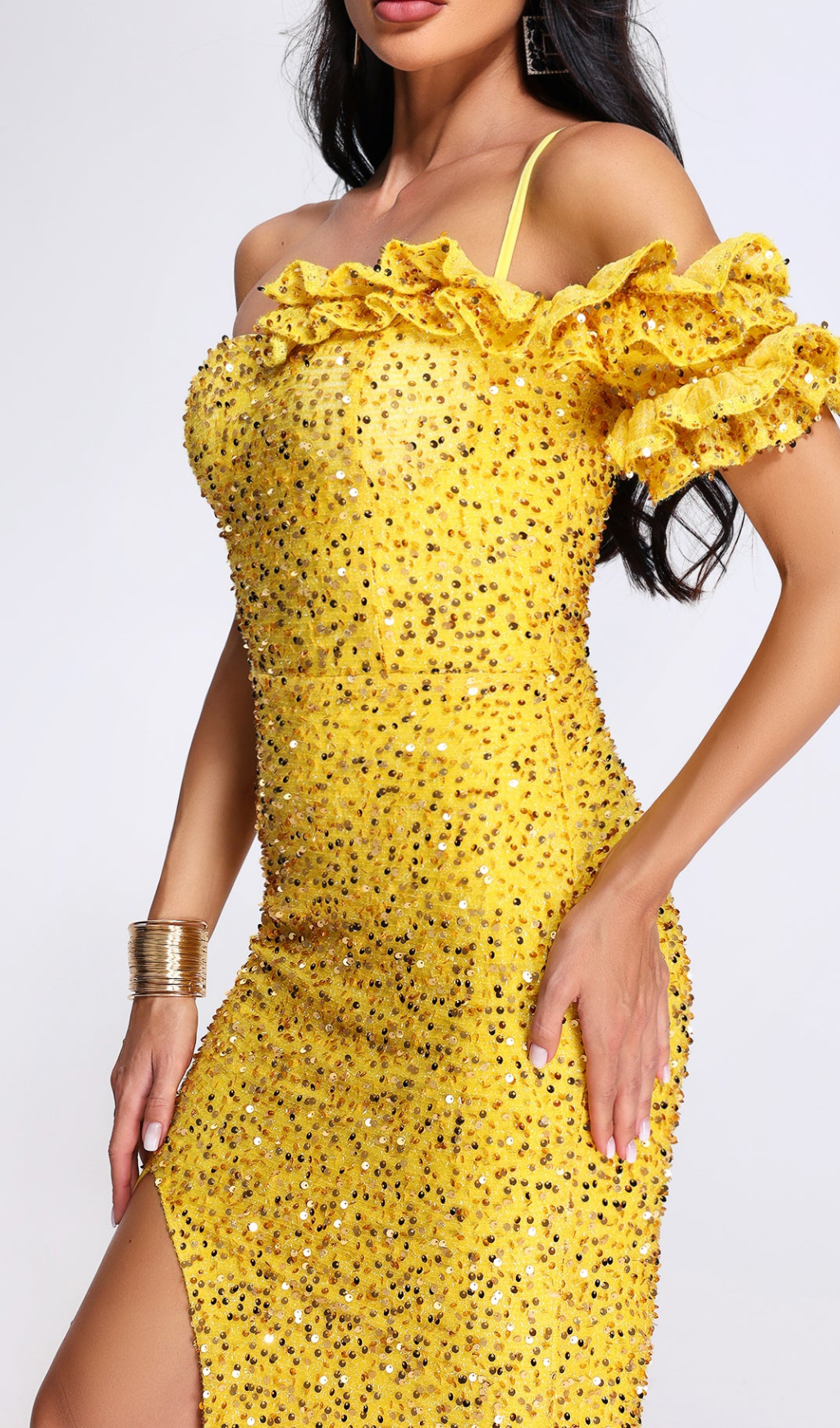 Ayn Yellow Sequined Slit Maxi Dress