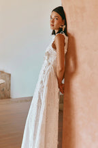 Lace Trim Embroidery Hollow Midi Dress In White Flowering Girl