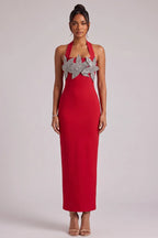 Red Halter Maxi Dress with Silver Floral Embellishment Flowering Girl