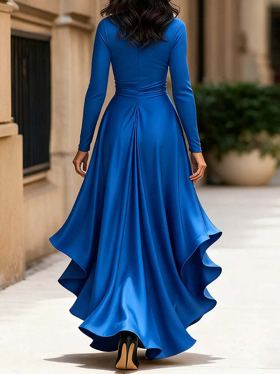 Midnight Blue Draped Satin Maxi Dress With Ruffle Details Flowering Girl