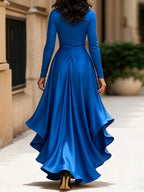 Midnight Blue Draped Satin Maxi Dress With Ruffle Details Flowering Girl