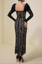 Wendy Lace Splicing Mesh Puff Sleeve Midi Dress In Black Flowering Girl