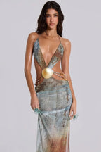 Einar Print Mesh Embellished Backless Maxi Dress Flowering Girl