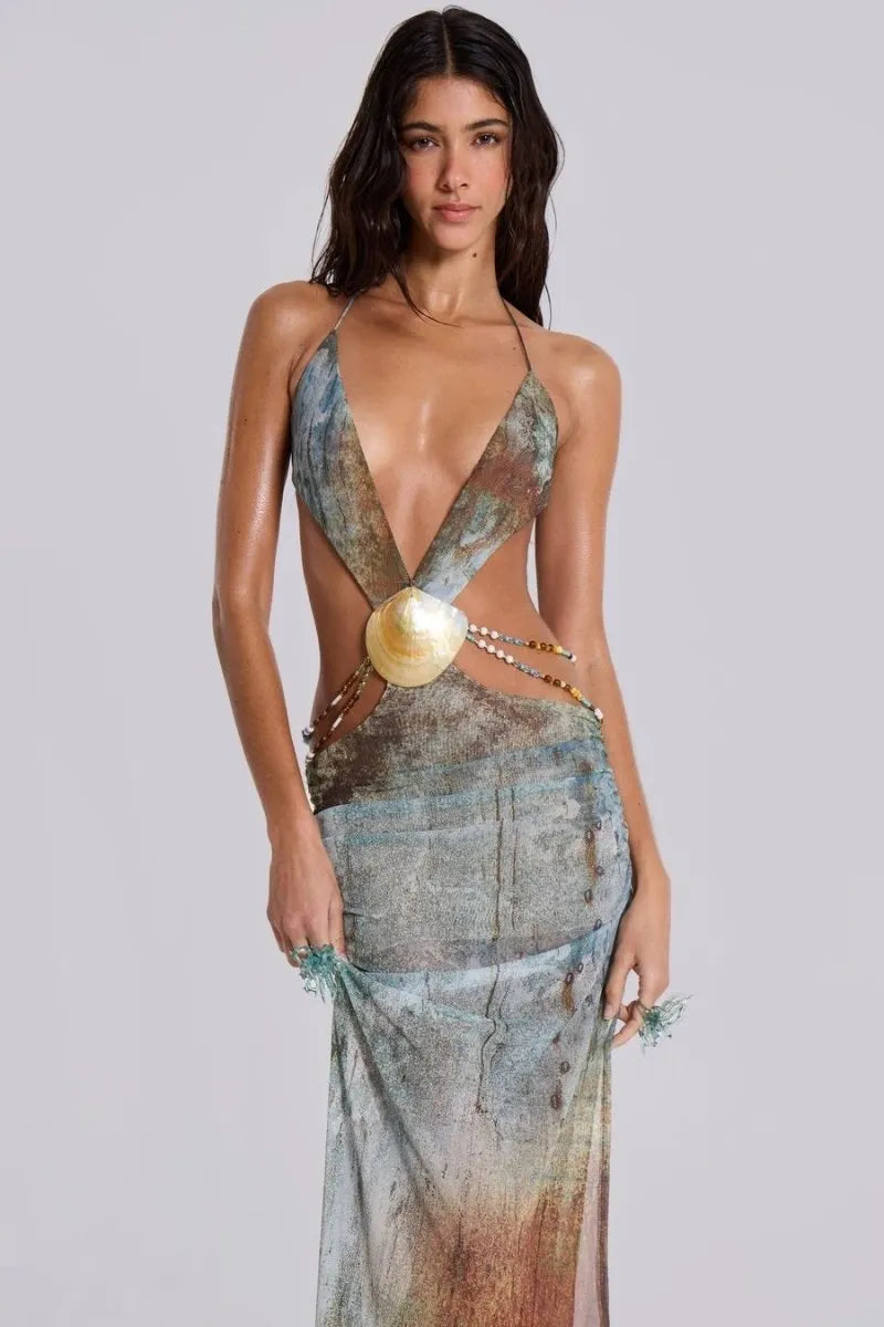 Einar Print Mesh Embellished Backless Maxi Dress Flowering Girl