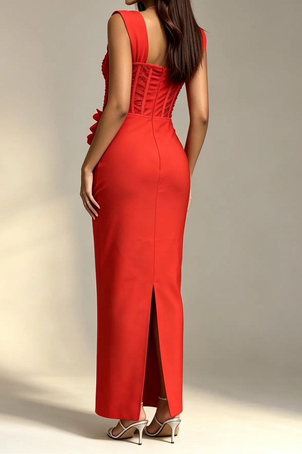 Red Square Neck Sleeveless Corset Beaded 3D Floral Bodycon Mermaid Maxi Dress Flowering Girl