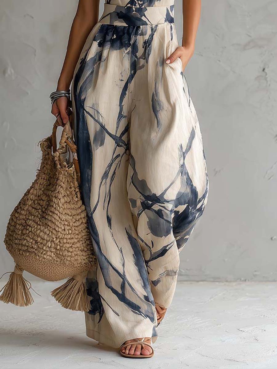 Halter Neck Ink Wash Print Wide Leg Jumpsuit With Pockets Flowering Girl