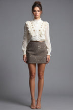 Off-White Dotted Swiss Blouse & Brown Tweed Sequin Mini Skirt Two-Piece Set Flowering Girl